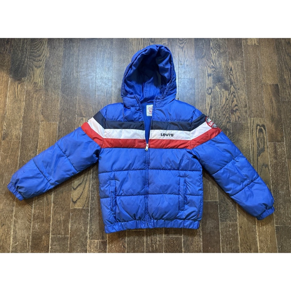 Levis Hooded Puffer Jacket Boys L Blue Full Zip Winter Coat Pockets